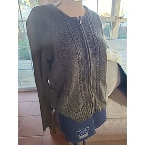 Liz Claiborne Liz Sport Zip Up Sweater‎ Size Small Green Cableknit Zipper Front